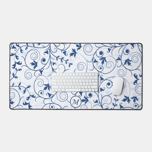 Retro blauw blad wervelpatroon monogram bureaumat (Keyboard & Muis)