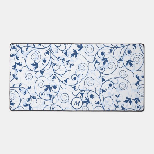 Retro blauw blad wervelpatroon monogram bureaumat (Voorkant)