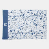 Retro blauw blad wervelpatroon monogram theedoek (Horizontaal)
