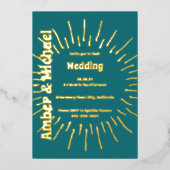 Retro Blauw Blauwgroen en Gouden Zon Bruiloft Folie Uitnodiging (Voorkant)