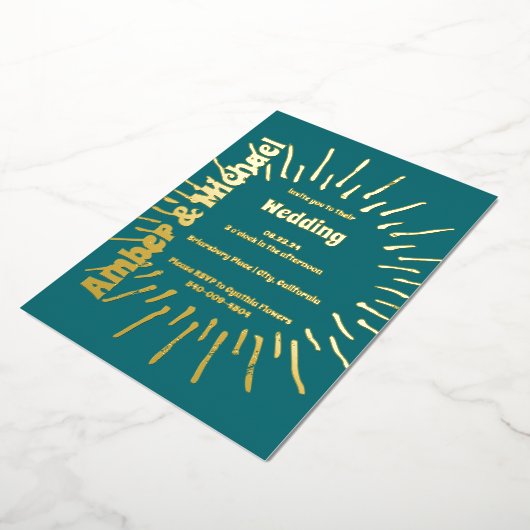Retro Blauw Blauwgroen en Gouden Zon Bruiloft Folie Uitnodiging (Gedraaid)