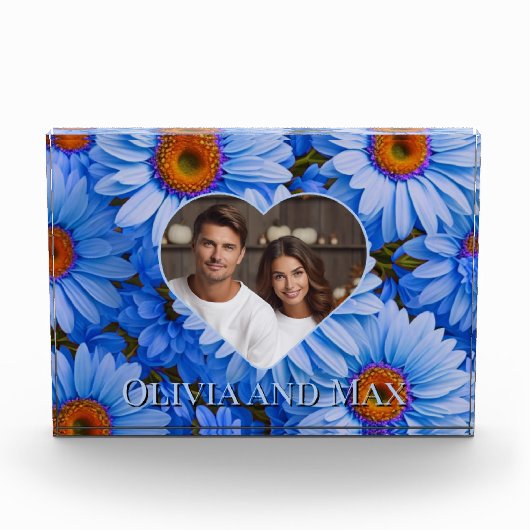 Retro Blauw bloemenblauw madeliefjespatroon Fotoblokken (Voorkant)