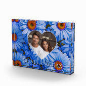 Retro Blauw bloemenblauw madeliefjespatroon Fotoblokken (Rechts)