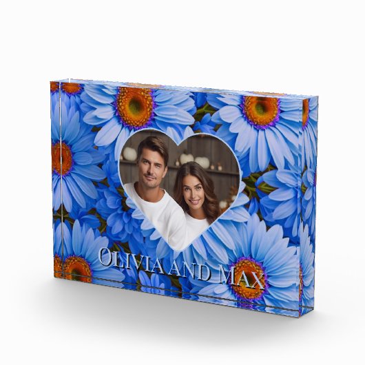 Retro Blauw bloemenblauw madeliefjespatroon Fotoblokken (Rechts)