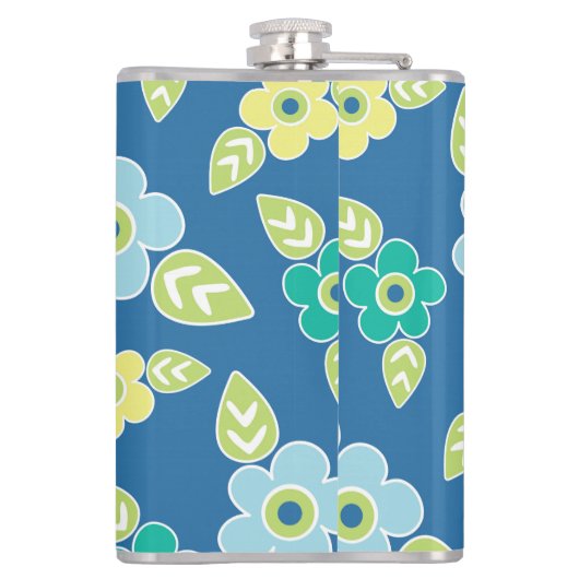 Retro Blauw Bloemenpatroon Heupfles (Achterkant)