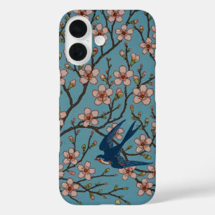 Retro Blauw Bloemmotief met Zwaluwen van Walter Cr iPhone 16 Hoesje