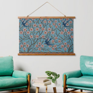 Retro Blauw Bloemmotief met Zwaluwen van Walter Cr Hangend Wandkleed