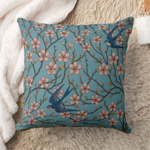Retro Blauw Bloemmotief met Zwaluwen van Walter Cr Kussen