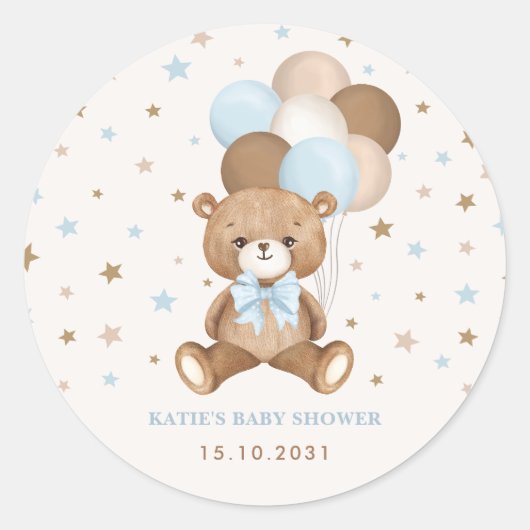 Retro Blauw Bruin Teddy Beer Ballonnen Baby Jongen Ronde Sticker (Voorkant)