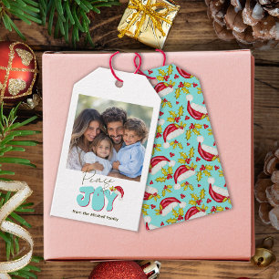 Retro Blauw Eenvoudige Foto Vrede en Plezier Kerst Cadeaulabel