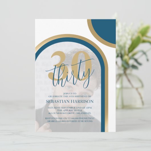 Retro Blauw en Goud 30e foto verjaardag Kaart (Staand voorkant)