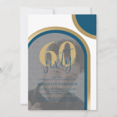 Retro blauw en goud foto 60e verjaardag kaart (Voorkant)