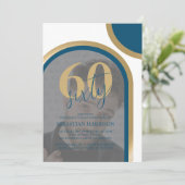 Retro blauw en goud foto 60e verjaardag kaart (Staand voorkant)