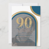Retro blauw en goud foto 90e verjaardag kaart (Voorkant)