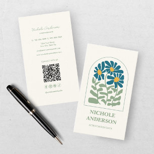 Retro Blauw en Groen Bloemmotief  Visitekaartje