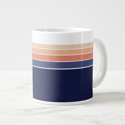 Retro blauw en perzik gestreept grote koffiekop (Voorkant rechts)