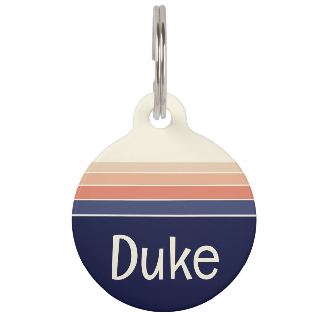 Retro Blauw en Perzik Gestreepte Hond/Kat Huisdierpenning (Voorkant)