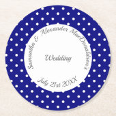 Retro blauw en wit polkadot bruiloft ronde kartonnen onderzetter (Voorkant)