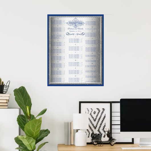 Retro Blauw en Zilver Wedding Guest Seating Chart Poster (Thuiskantoor)
