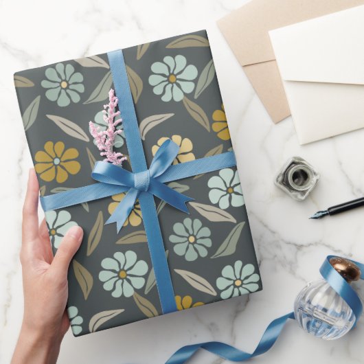 Retro Blauw & Geel Bloem Cadeaupapier (Geschenken)