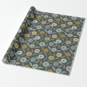 Retro Blauw & Geel Bloem Cadeaupapier (Uitgerold)