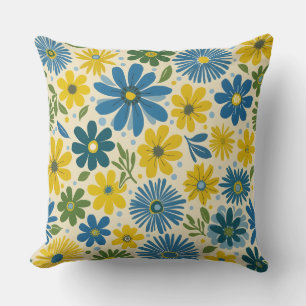 Retro Blauw & Geel Daisy Kussen