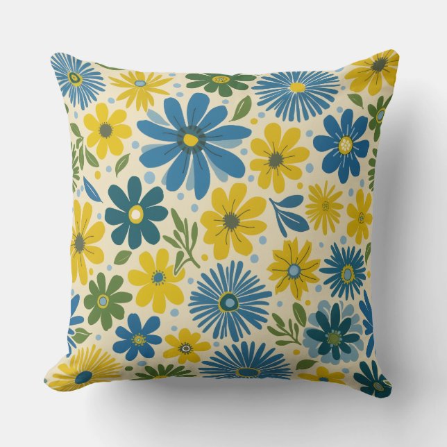 Retro Blauw & Geel Daisy Kussen (Voorkant)