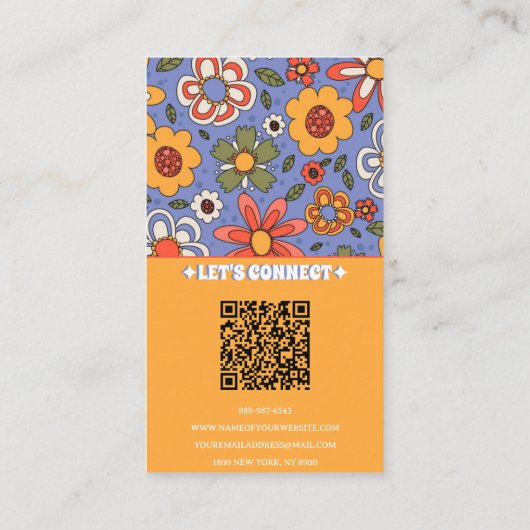 Retro Blauw Geel QR Code Groovy Bloemen Trendy Visitekaartje (Achterkant)