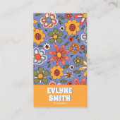 Retro Blauw Geel QR Code Groovy Bloemen Trendy Visitekaartje (Voorkant)