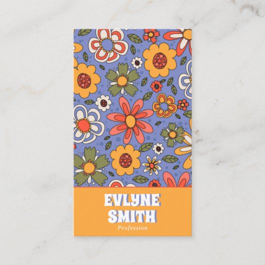 Retro Blauw Geel QR Code Groovy Bloemen Trendy Visitekaartje (Voorkant)