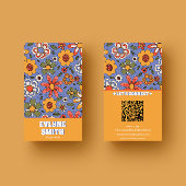 Retro Blauw Geel QR Code Groovy Bloemen Trendy Visitekaartje