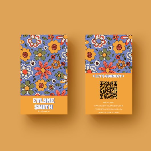 Retro Blauw Geel QR Code Groovy Bloemen Trendy Visitekaartje