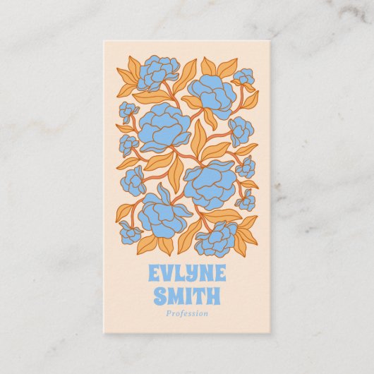 Retro Blauw Geel QR Code Groovy Floral Funky Boho Visitekaartje (Voorkant)