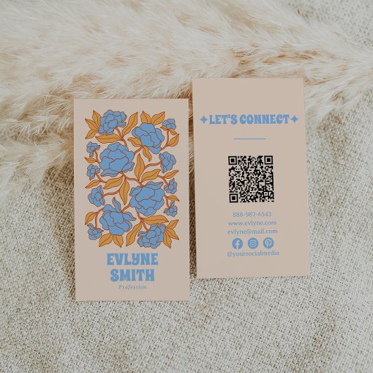 Retro Blauw Geel QR Code Groovy Floral Funky Boho Visitekaartje