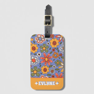 Retro Blauw Geel Rood Boho Chique Groovy Bloemen Bagagelabel