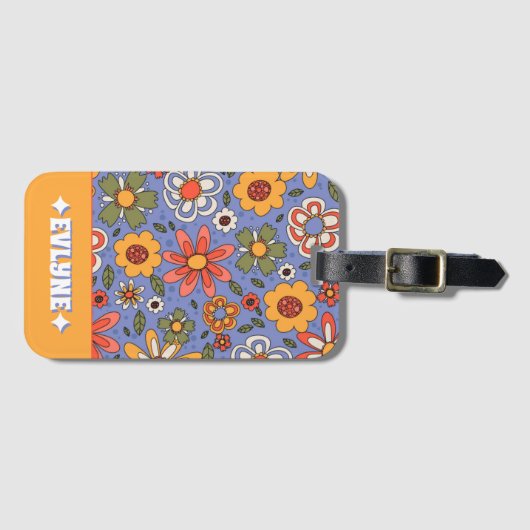 Retro Blauw Geel Rood Boho Chique Groovy Bloemen Bagagelabel (Voorkant (horizontaal))