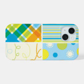 Retro blauw geel ruitpatroon Stippen Krabbels iPhone 15 Case (Achterkant horizontaal)