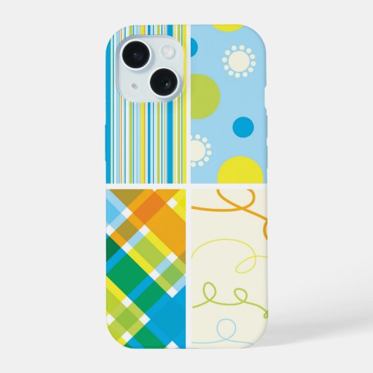Retro blauw geel ruitpatroon Stippen Krabbels iPhone 15 Case (Achterkant)