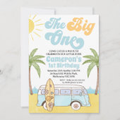 Retro Blauw Geel Surf Groot Een 1e Verjaardag Kaart (Voorkant)