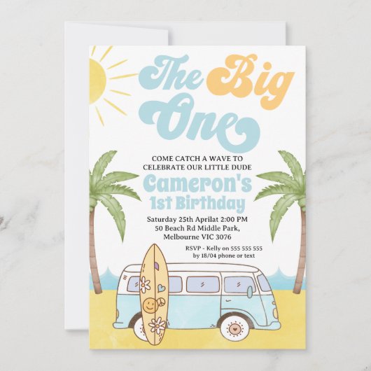Retro Blauw Geel Surf Groot Een 1e Verjaardag Kaart (Voorkant)