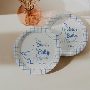 Retro Blauw Gekke Gans Hand getrokken Baby Boy Papieren Bordje