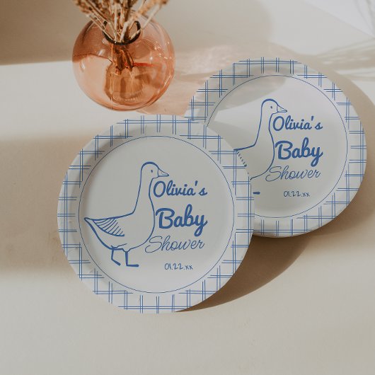 Retro Blauw Gekke Gans Hand getrokken Baby Boy Papieren Bordje