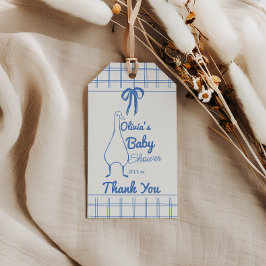 Retro Blauw Gekke Gans Hand getrokken Lint Baby Bo Cadeaulabel