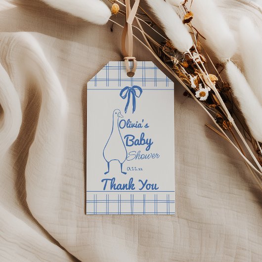 Retro Blauw Gekke Gans Hand getrokken Lint Baby Bo Cadeaulabel