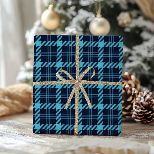 Retro Blauw Geruit Whimsical Kerstmis Cadeaupapier