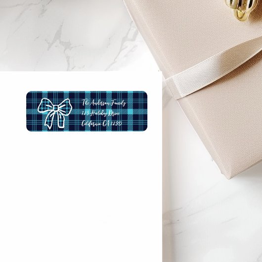 Retro Blauw Geruit Whimsical Kerstmis Etiket