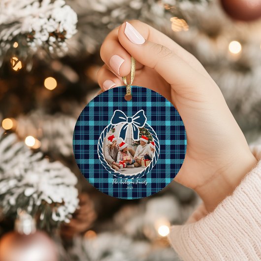 Retro Blauw Geruit Whimsical Kerstmis Keramisch Ornament