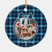 Retro Blauw Geruit Whimsical Kerstmis Keramisch Ornament (Voorkant)