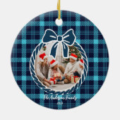 Retro Blauw Geruit Whimsical Kerstmis Keramisch Ornament (Achterkant)