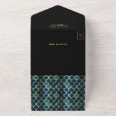 Retro Blauw Gouden Schalen Art Deco QR Code Bruilo All In One Uitnodiging (Buitenkant)